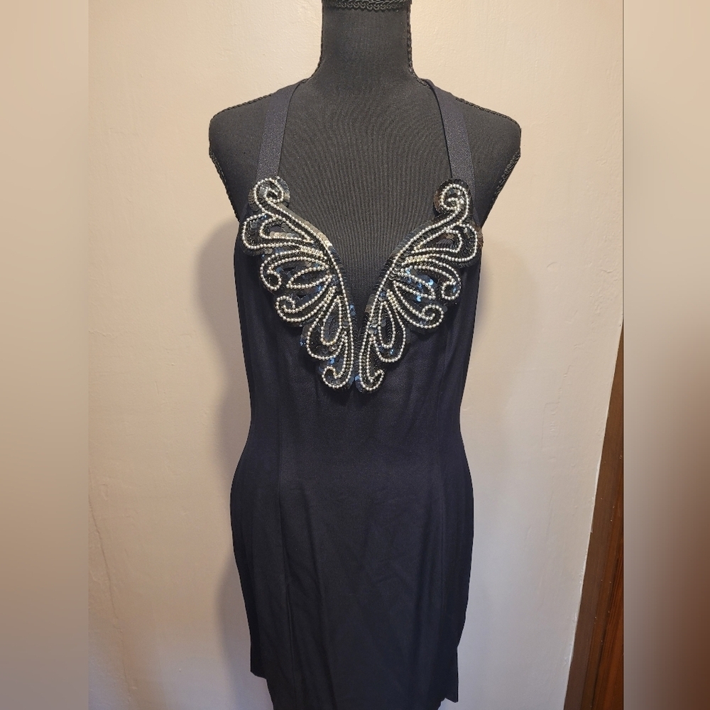 Vintage 90s Zum Zum Halter Black Mini Dress With Sequence Size 13 / 14 New Rare
